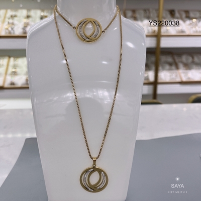 Conjunto de joyas de acero inoxidable con diamantes de imitación de oro de 18 quilates Conjunto de collar y brazalete de superposición circular